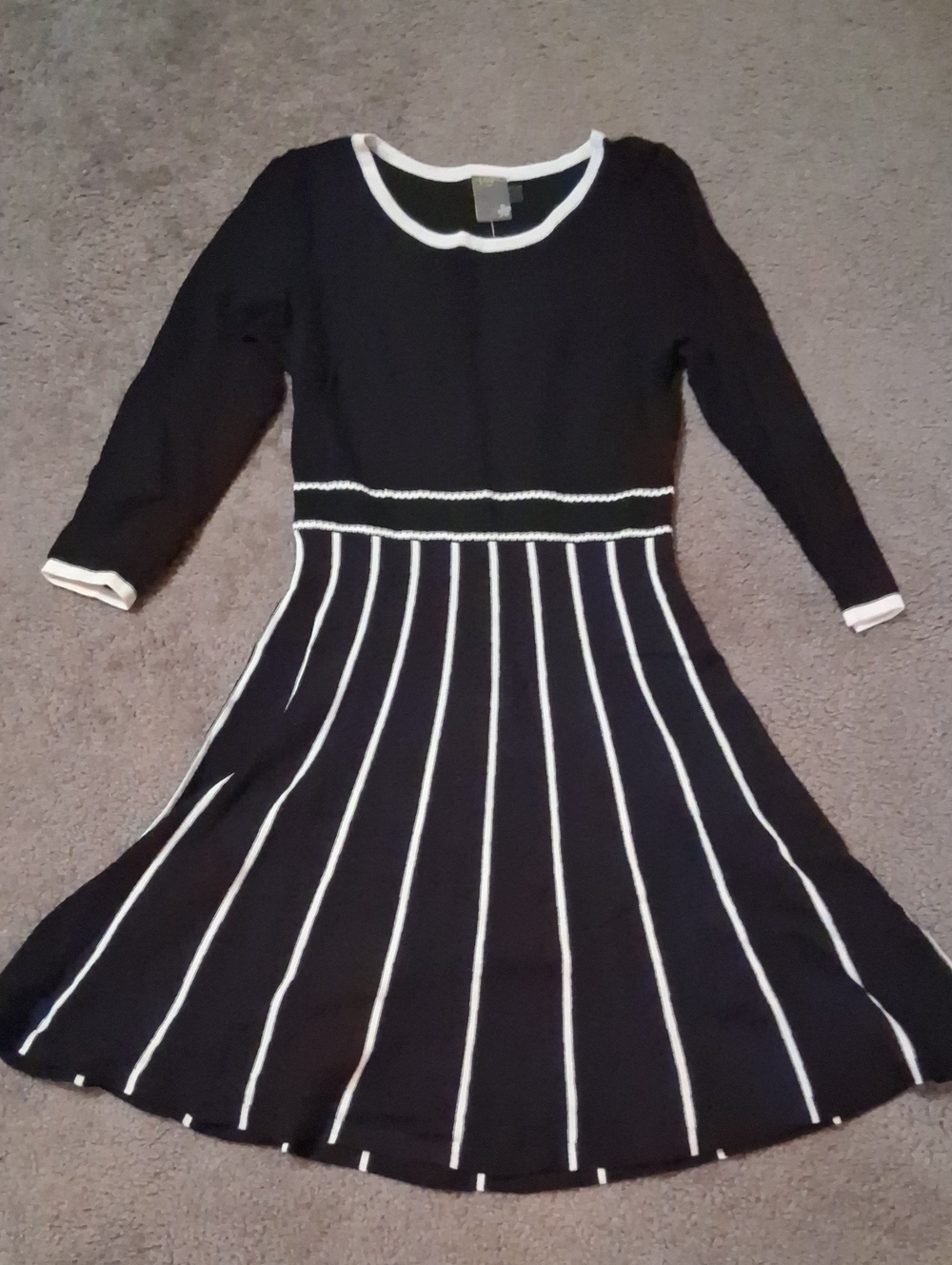 TAYLOR Black and White Striped Fit-and-Flare Dress, Size Medium